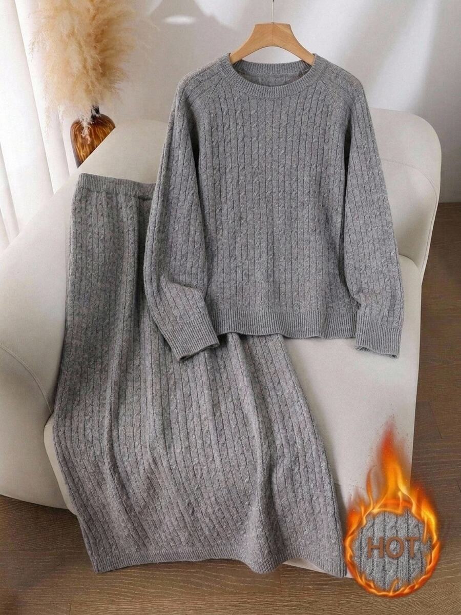 SHEIN LUNE Plus Size Women's Cable Knit Long Sleeve Sweater And Knitted Skirt Casual Baggy Capsule Wardrobe Set Lounge Formal Evening Grey Autumn - Grey - View 1