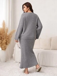 SHEIN LUNE Plus Size Women's Cable Knit Long Sleeve Sweater And Knitted Skirt Casual Baggy Capsule Wardrobe Set Lounge Formal Evening Grey Autumn - Grey - View 8