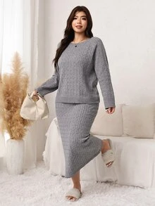 SHEIN LUNE Plus Size Women's Cable Knit Long Sleeve Sweater And Knitted Skirt Casual Baggy Capsule Wardrobe Set Lounge Formal Evening Grey Autumn - Grey - View 4