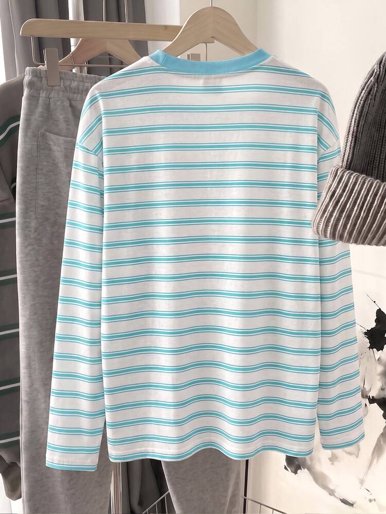 Tseoso 95% Cotton Casual Minimalist Pattern Colorblock Crew Neck Long Sleeve Loose Fit Suitable For All Seasons Versatile White Mint Green Dual-Color Striped Low-Key Durable All-Match Streetwear Outfit Coffee Shop Relaxed Vibe All-Season Versatile Modern Urban Fashion Business Women's Office Wear Low-Key Old Money Style Elegant High-End Commute Airport Outfit - Multicolor - View 2