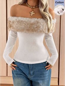 SHEIN EZwear White Knit Off-Shoulder T-Shirt For Women Night Out Date Night Autumn Sexy - White - View 1