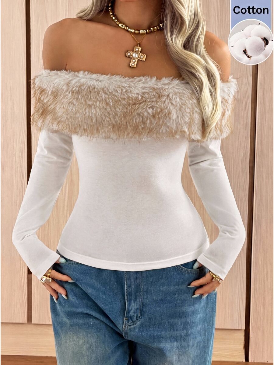 SHEIN EZwear White Knit Off-Shoulder T-Shirt For Women Night Out Date Night Autumn Sexy - White - View 1