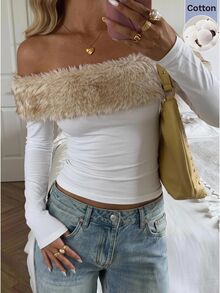 SHEIN EZwear White Knit Off-Shoulder T-Shirt For Women Night Out Date Night Autumn Sexy - White - View 9