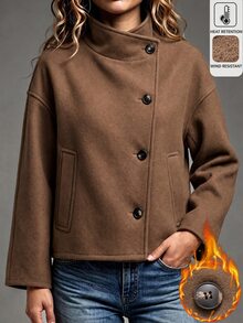 SHEIN LUNE معطف نسائي خريفي/شتوي بلون موحد وأكمام طويلة وأكتاف منخفضة وأزرار أمامية مفردة - بني - مشاهدة 3