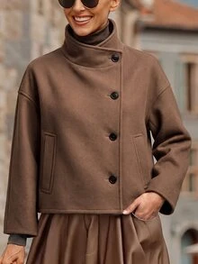 SHEIN LUNE معطف نسائي خريفي/شتوي بلون موحد وأكمام طويلة وأكتاف منخفضة وأزرار أمامية مفردة - بني - مشاهدة 8