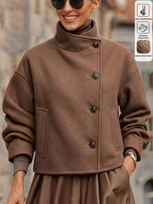 SHEIN LUNE معطف نسائي خريفي/شتوي بلون موحد وأكمام طويلة وأكتاف منخفضة وأزرار أمامية مفردة - بني - مشاهدة 1