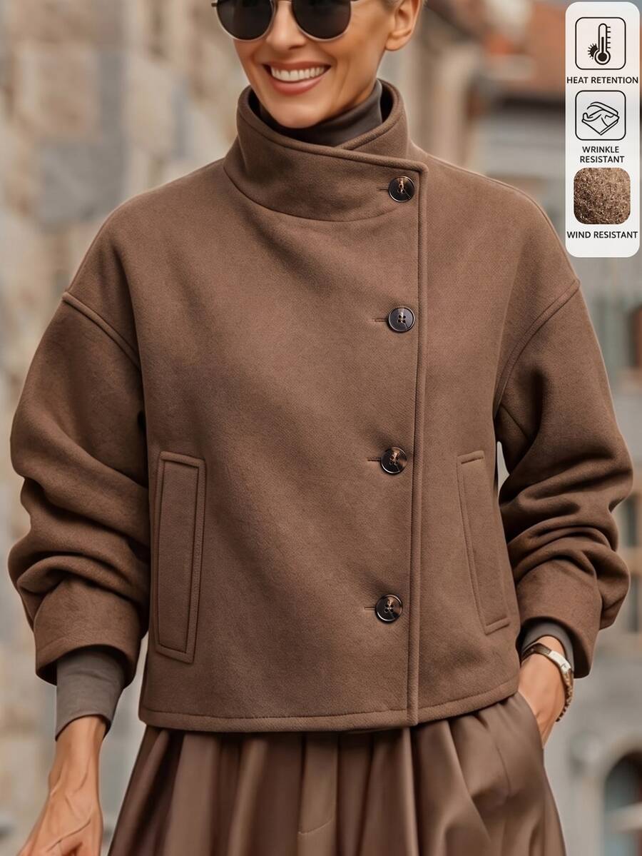 SHEIN LUNE معطف نسائي خريفي/شتوي بلون موحد وأكمام طويلة وأكتاف منخفضة وأزرار أمامية مفردة - بني - مشاهدة 1