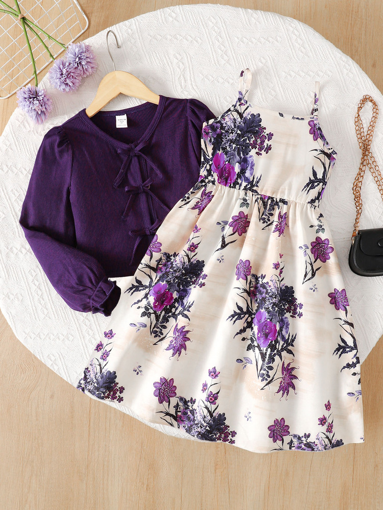 Young Girl Young Girl Ribbed Jacket & Floral Print Dress Set, Autumn/Winter/All Season Wear - Purple - View 5