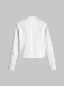 SHEIN 兒童青少年女孩秋冬新款白色優雅時尚鈕扣金屬立領短版夾克外套 派對外套 - 黑與白 - 查看 2