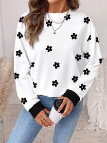 SHEIN LUNE Women's Floral Print Casual Cute Versatile Daily Wear Long Sleeve Sweatshirt School White Floral Fall Brunch - White - View 8