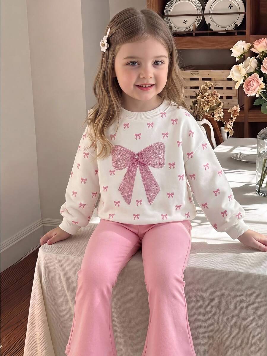 SHEIN Baby Girls Spring/Autumn Pink And White Striped Sweatshirt Set Pearl Rhinestone Large Bow Top Pink Flared Pants 2 Pieces Set Family Matching - Multicolor - View 1