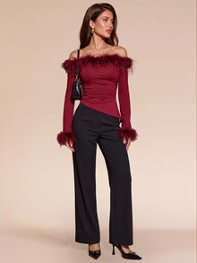 GlowEve Fashionable New Autumn/Winter Elegant Off-Shoulder Long Sleeve Fur Patchwork Women's T-Shirt - Burgundy - View 3