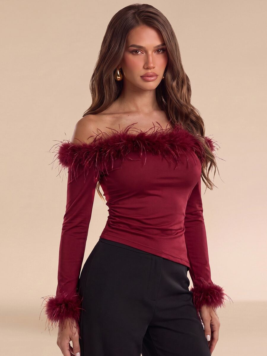GlowEve Fashionable New Autumn/Winter Elegant Off-Shoulder Long Sleeve Fur Patchwork Women's T-Shirt - Burgundy - View 1