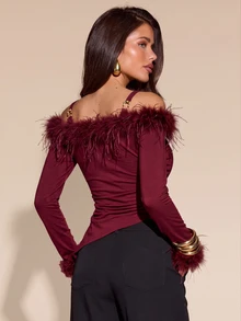 GlowEve Fashionable New Autumn/Winter Elegant Off-Shoulder Long Sleeve Fur Patchwork Women's T-Shirt - Burgundy - View 2