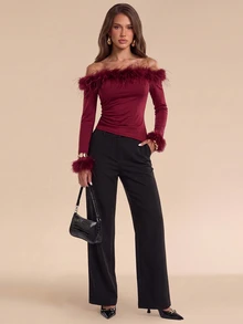 GlowEve Fashionable New Autumn/Winter Elegant Off-Shoulder Long Sleeve Fur Patchwork Women's T-Shirt - Burgundy - View 4