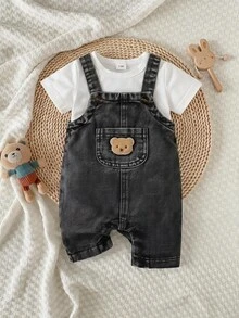 SHEIN Playful Pals Baby Fashionable Everyday Cute Tropical Pocket Design Romper Family Matching Photoshoot White Dark Grey Summer - Black - View 1