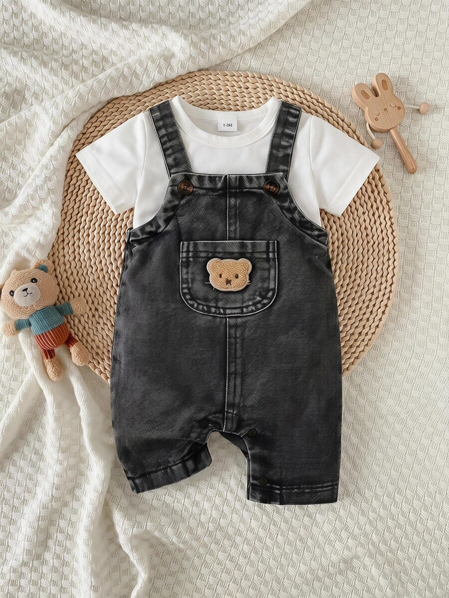 SHEIN Playful Pals Baby Fashionable Everyday Cute Tropical Pocket Design Romper Family Matching Photoshoot White Dark Grey Summer - Black - View 1
