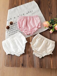 SHEIN 3件組女嬰夏季可愛套裝，包含米色與粉色短褲，柔軟白色度假簡約休閒設計，寬鬆版型，適合戶外玩耍與外出 - 彩色 - 查看 2