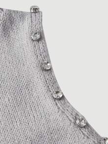 SHEIN MOD Sweater Tanpa Lengan Wanita Berhiaskan Rhinestone, Cocok untuk Pesta Sehari-hari, Warna Abu-abu Muda, Elegan untuk Musim Gugur - Grey - View 5