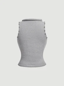SHEIN MOD Sweater Tanpa Lengan Wanita Berhiaskan Rhinestone, Cocok untuk Pesta Sehari-hari, Warna Abu-abu Muda, Elegan untuk Musim Gugur - Grey - View 4