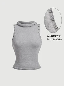 SHEIN MOD Sweater Tanpa Lengan Wanita Berhiaskan Rhinestone, Cocok untuk Pesta Sehari-hari, Warna Abu-abu Muda, Elegan untuk Musim Gugur - Grey - View 3