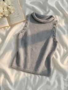 SHEIN MOD Sweater Tanpa Lengan Wanita Berhiaskan Rhinestone, Cocok untuk Pesta Sehari-hari, Warna Abu-abu Muda, Elegan untuk Musim Gugur - Grey - View 1
