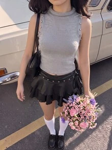 SHEIN MOD Sweater Tanpa Lengan Wanita Berhiaskan Rhinestone, Cocok untuk Pesta Sehari-hari, Warna Abu-abu Muda, Elegan untuk Musim Gugur - Grey - View 2