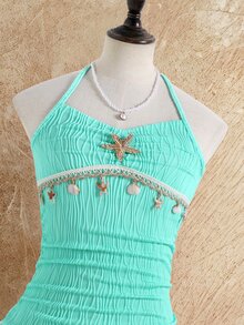 SHEIN Đầm mini bé gái tween mùa hè đi du lịch, cổ yếm, gấu bèo, trang trí vỏ sao biển vân nổi, màu xanh teal nhiệt đới, trang phục đi biển và lễ tốt nghiệp - Màu be - Xem 8