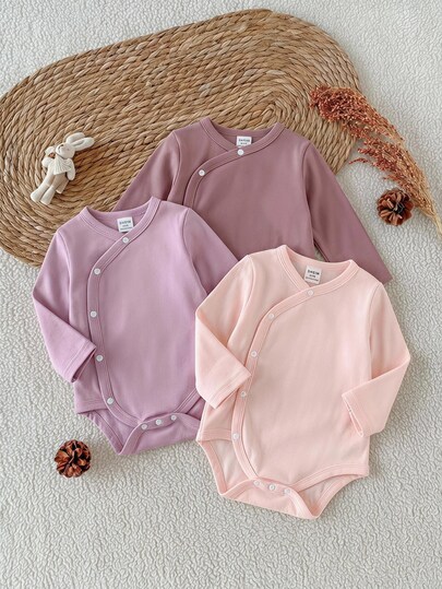 SHEIN Playful Pals Ensemble de body pour nouveau-nés filles et garçons, col croisé, manches longues, taille élastique, motif marron, noir et rose, rose clair, couleur unie, assorti pour la famille
