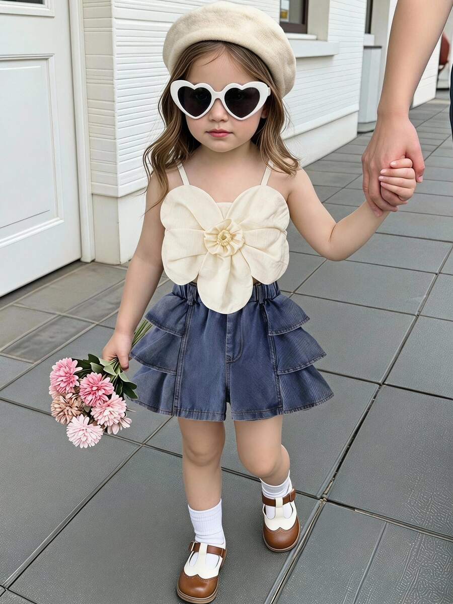 SHEIN Playful Pals 2-Piece Set For Baby Girls Large Flower Suspenders Solid Color Tops Multi-Layered Ruffled Shorts Summer Photoshoot 2nd Birthday White Blue - Apricot - View 1