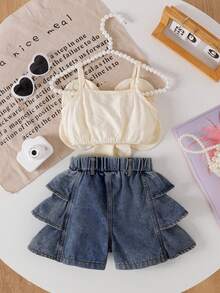 SHEIN Playful Pals 2-Piece Set For Baby Girls Large Flower Suspenders Solid Color Tops Multi-Layered Ruffled Shorts Summer Photoshoot 2nd Birthday White Blue - Apricot - View 2