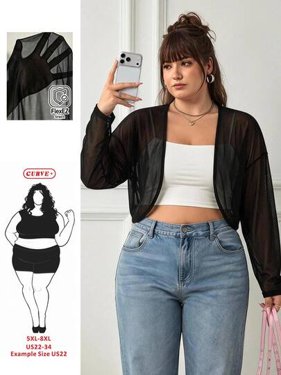 SHEIN CURVE+ Ny afslappet sort lang jakke i mesh, let gennemsigtig overtøj til udflugter, daglig brug, fester, pendling, musikfestivaler, bryllupper, skolestart, dimission, ferie, high street, loungewear og byvandringer, multi-occasion, kan bæres som overtøj eller lagdelt, dolmanærmer, plus size 5XL-8XL