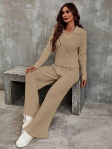 SHEIN Women Fall Winter Ribbed Knit Two‑Piece Outfit, Lapel V‑Neck Going Out Tops Wide Leg Knit Pants Khaki Casual Street Loungewear Set - Khaki - View 6