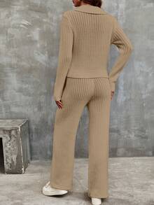 SHEIN Women Fall Winter Ribbed Knit Two‑Piece Outfit, Lapel V‑Neck Going Out Tops Wide Leg Knit Pants Khaki Casual Street Loungewear Set - Khaki - View 2