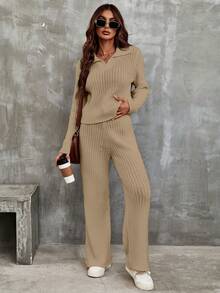 SHEIN Women Fall Winter Ribbed Knit Two‑Piece Outfit, Lapel V‑Neck Going Out Tops Wide Leg Knit Pants Khaki Casual Street Loungewear Set - Khaki - View 3