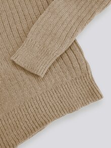 SHEIN Women Fall Winter Ribbed Knit Two‑Piece Outfit, Lapel V‑Neck Going Out Tops Wide Leg Knit Pants Khaki Casual Street Loungewear Set - Khaki - View 8