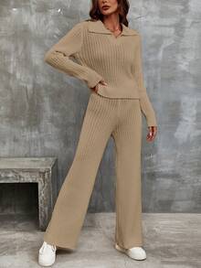 SHEIN Women Fall Winter Ribbed Knit Two‑Piece Outfit, Lapel V‑Neck Going Out Tops Wide Leg Knit Pants Khaki Casual Street Loungewear Set - Khaki - View 1