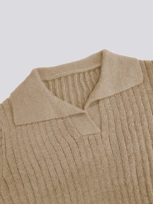 SHEIN Women Fall Winter Ribbed Knit Two‑Piece Outfit, Lapel V‑Neck Going Out Tops Wide Leg Knit Pants Khaki Casual Street Loungewear Set - Khaki - View 7