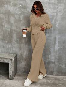 SHEIN Women Fall Winter Ribbed Knit Two‑Piece Outfit, Lapel V‑Neck Going Out Tops Wide Leg Knit Pants Khaki Casual Street Loungewear Set - Khaki - View 4