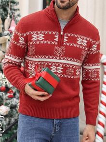 Manfinity Homme Sweater Lengan Panjang Pria Kerah Tegak Kasual Serbaguna untuk Pemakaian Sehari-hari (Natal) - Merah - View 1