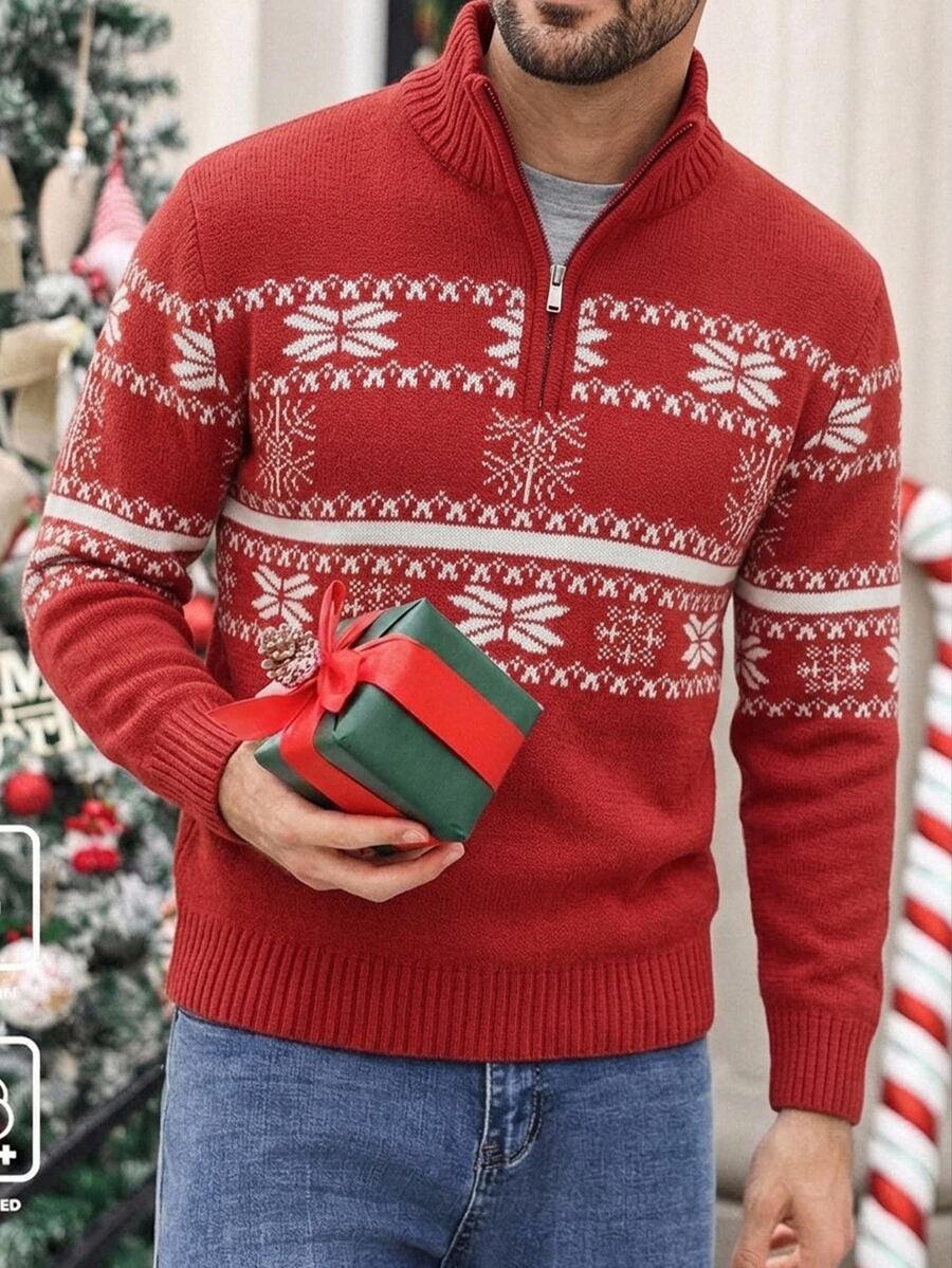 Manfinity Homme Sweater Lengan Panjang Pria Kerah Tegak Kasual Serbaguna untuk Pemakaian Sehari-hari (Natal) - Merah - View 1