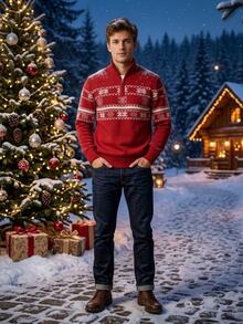 Manfinity Homme Sweater Lengan Panjang Pria Kerah Tegak Kasual Serbaguna untuk Pemakaian Sehari-hari (Natal) - Merah - View 3