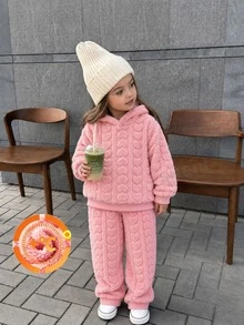 Elladie kids Setelan Baju Hoodie Musim Gugur-Dingin Anak Perempuan dengan Lapisan Bulu Halus + Celana Panjang, Gaya Musim Gugur-Dingin Terbaru, Setelan Bulu Tebal Warna Pink. - Berwarna merah muda - View 3