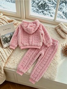 Elladie kids Setelan Baju Hoodie Musim Gugur-Dingin Anak Perempuan dengan Lapisan Bulu Halus + Celana Panjang, Gaya Musim Gugur-Dingin Terbaru, Setelan Bulu Tebal Warna Pink. - Berwarna merah muda - View 2