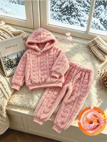 Elladie kids Setelan Baju Hoodie Musim Gugur-Dingin Anak Perempuan dengan Lapisan Bulu Halus + Celana Panjang, Gaya Musim Gugur-Dingin Terbaru, Setelan Bulu Tebal Warna Pink. - Berwarna merah muda - View 5