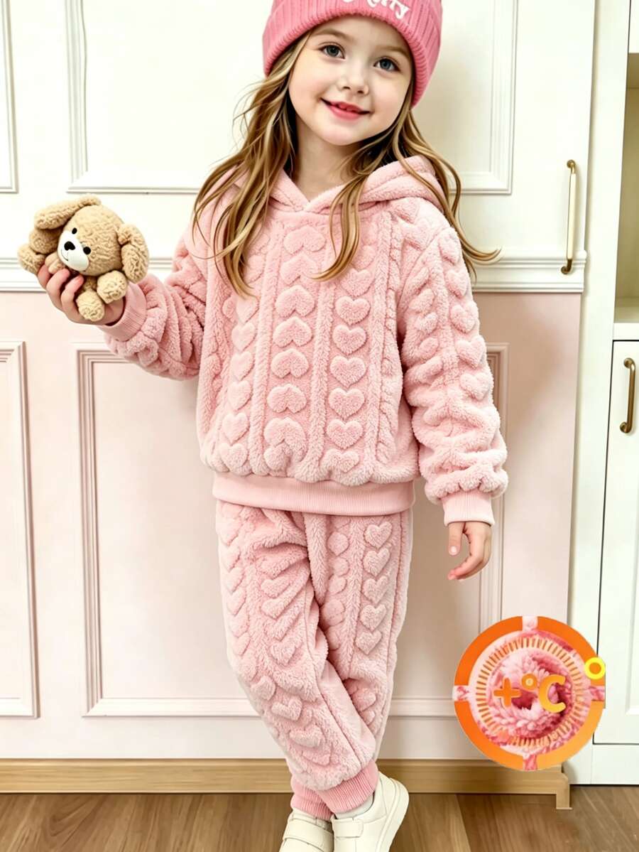 Elladie kids Setelan Baju Hoodie Musim Gugur-Dingin Anak Perempuan dengan Lapisan Bulu Halus + Celana Panjang, Gaya Musim Gugur-Dingin Terbaru, Setelan Bulu Tebal Warna Pink. - Berwarna merah muda - View 1