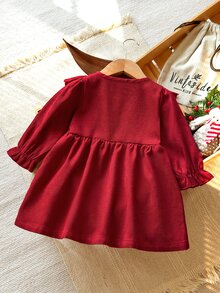 SHEIN Vintaside Kids 女嬰甜美酒紅色燈芯絨洋裝，荷葉邊肩帶、花朵刺繡蝴蝶結、長袖圓領、標準版型，生日秋季聖誕節假日復古風 - 紅色 - 查看 6