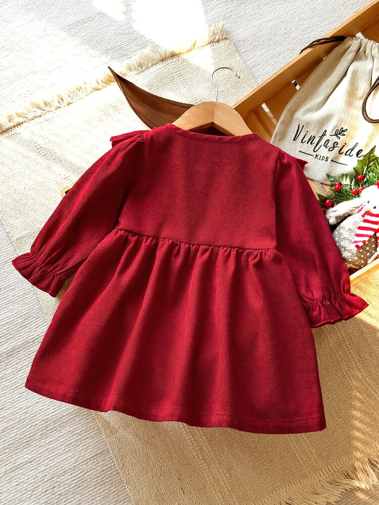 SHEIN Vintaside Kids Baby Girls Corduroy Dress Sweet Burgundy Ruffle Shoulder Floral Embroidered Bow Long Sleeve Round Neck Regular Birthday Fall Christmas Holiday Retro - Red - View 6