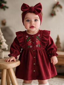 SHEIN Vintaside Kids 女嬰甜美酒紅色燈芯絨洋裝，荷葉邊肩帶、花朵刺繡蝴蝶結、長袖圓領、標準版型，生日秋季聖誕節假日復古風 - 紅色 - 查看 4