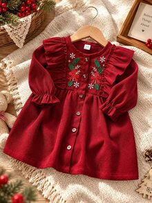 SHEIN Vintaside Kids 女嬰甜美酒紅色燈芯絨洋裝，荷葉邊肩帶、花朵刺繡蝴蝶結、長袖圓領、標準版型，生日秋季聖誕節假日復古風 - 紅色 - 查看 7